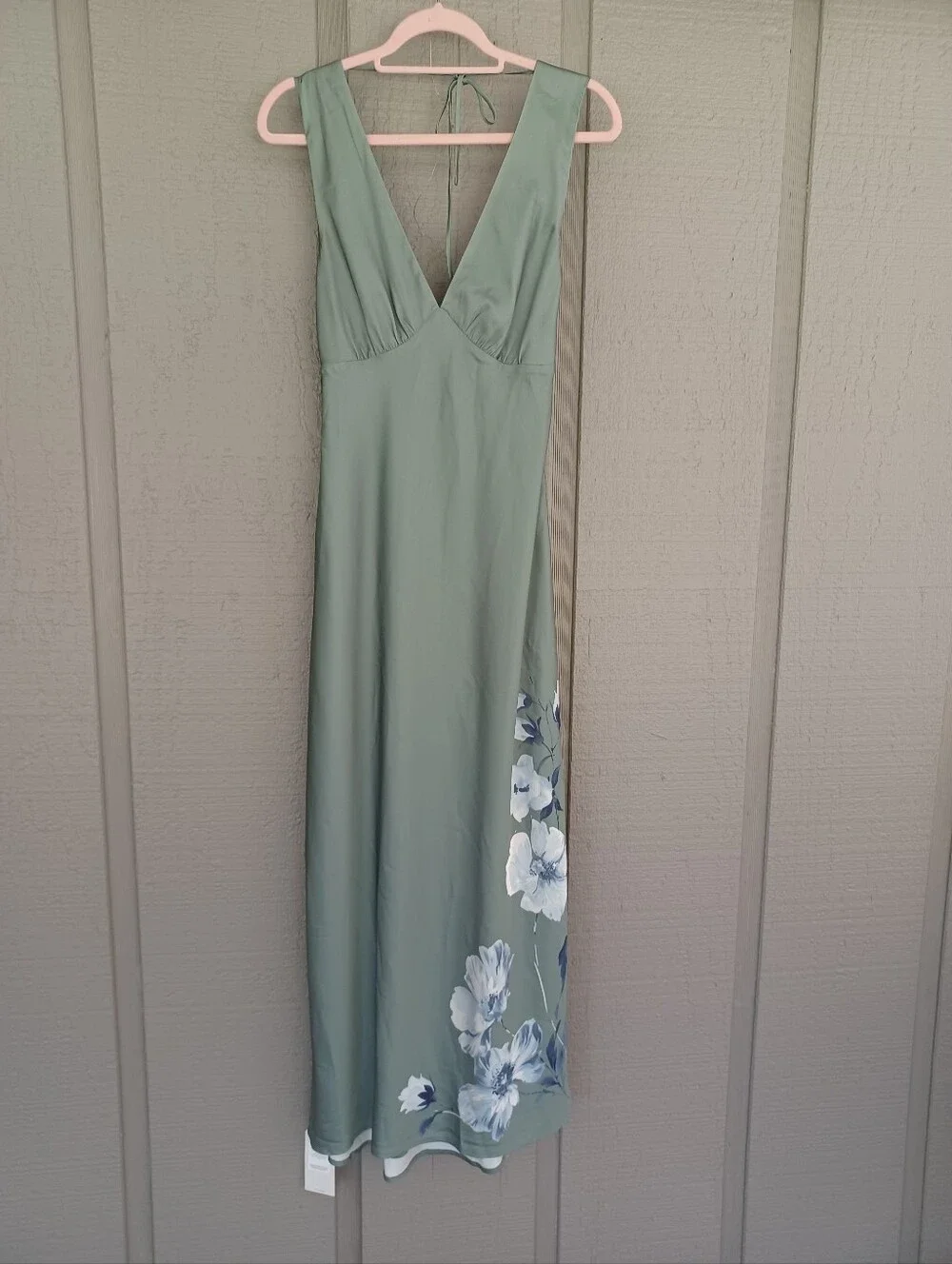 Abercrombie & Fitch Green Plunge Cowl Back Maxi Dress Size S Satin Floral V Neck